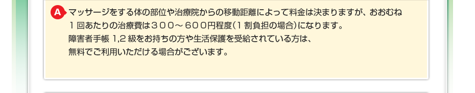 はり・きゅうの同意書の内容や治療院からの移動距離によって料金は決まりますが、 おおむね1回あたりの治療費は３００～５００円程度（1割負担の場合）になります。 生活保護を受けている方や障害者手帳をお持ちの方は費用が無料にてご利用できます。